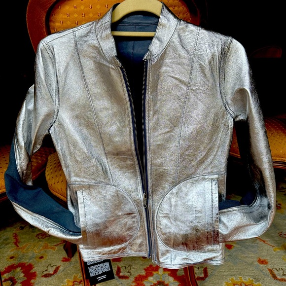 Chapin Reversible Leather Bomber. Smoked blue and silver. XS.  Brand New. - Picture 1 of 6